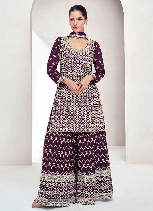 Deep Purple Embroidered Palazzo Suit with Reshamkari Details