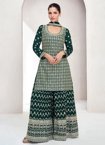 Dark Green Embroidered Palazzo Suit with Reshamkari Details