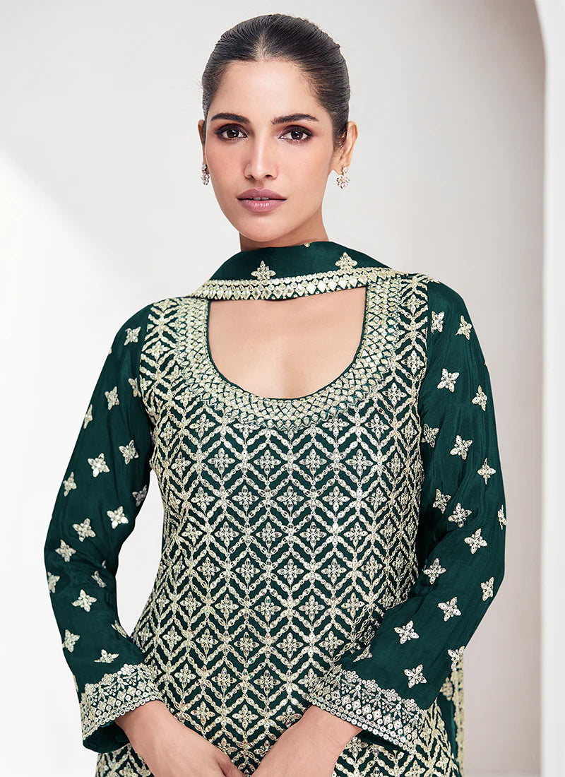 Dark Green Embroidered Palazzo Suit with Reshamkari Details