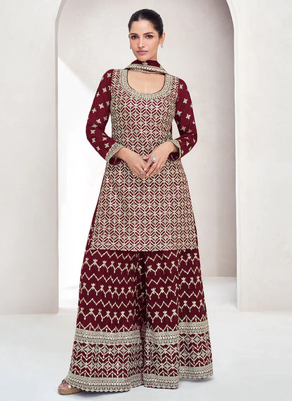 Dark Maroon Embroidered Palazzo Suit with Reshamkari Details