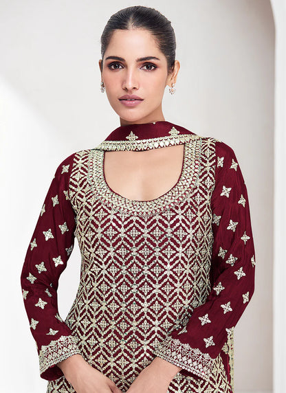 Dark Maroon Embroidered Palazzo Suit with Reshamkari Details