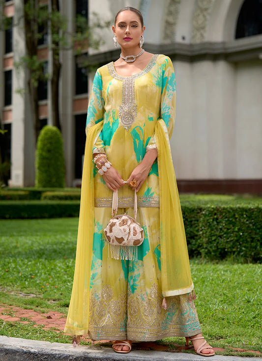 Yellow Printed Palazzo Suit with Multicolored Sequins