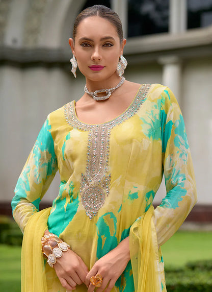 Yellow Printed Palazzo Suit with Multicolored Sequins