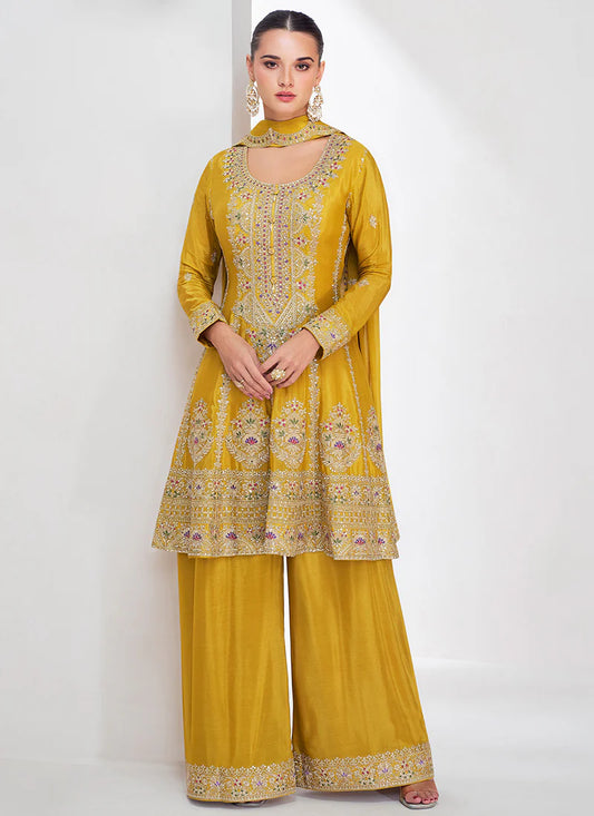 Designer Yellow Festive Gharara Suit with Multi Embroidery