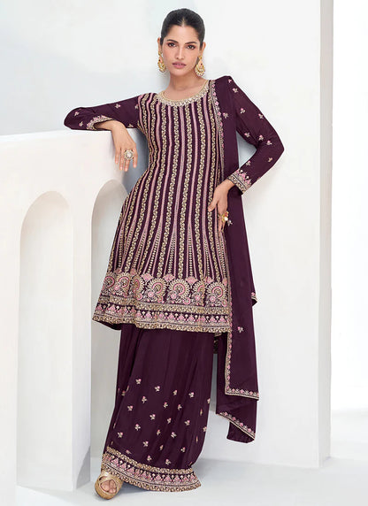 Designer Burgundy Festive Gharara Suit with Multi Embroidery