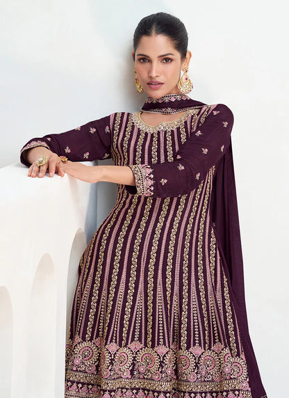 Designer Burgundy Festive Gharara Suit with Multi Embroidery