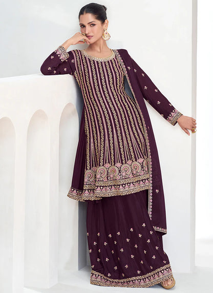 Designer Burgundy Festive Gharara Suit with Multi Embroidery