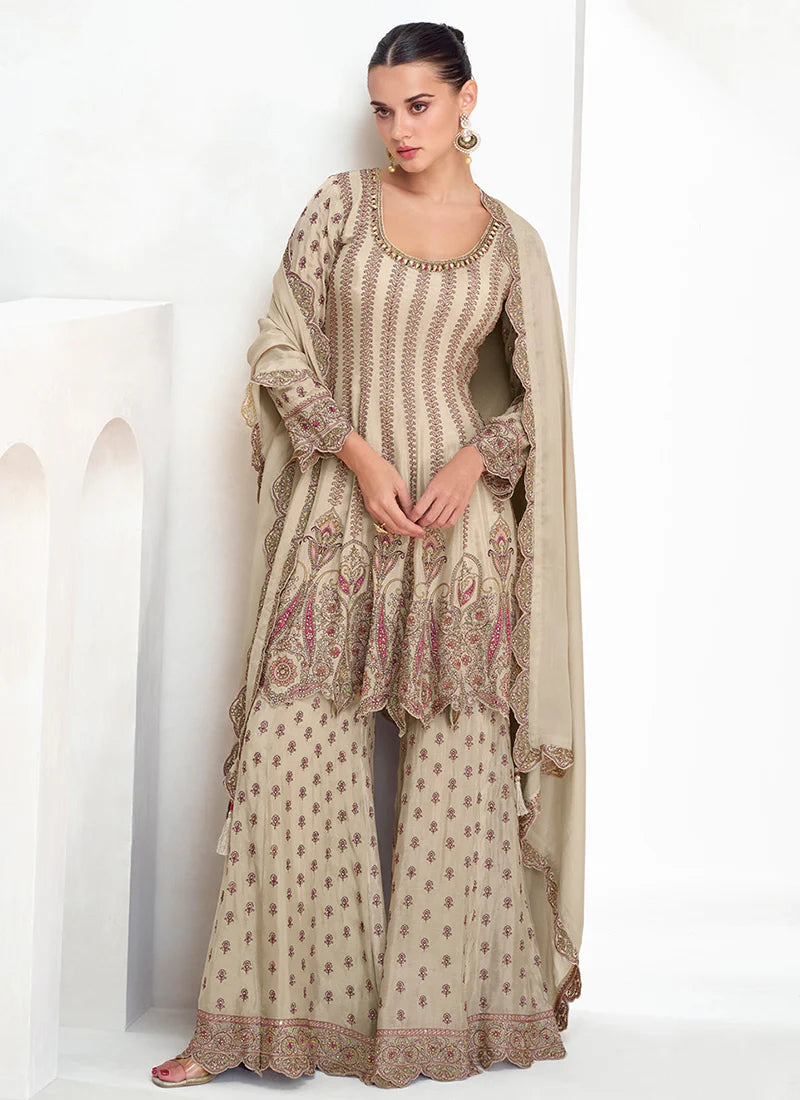 Designer Beige Festive Gharara Suit with Multi Embroidery