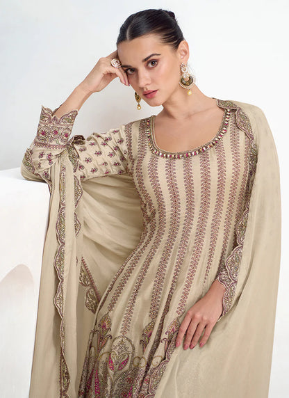 Designer Beige Festive Gharara Suit with Multi Embroidery