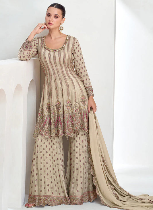 Designer Beige Festive Gharara Suit with Multi Embroidery