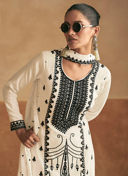 Stylish White Embroidered Palazzo Suit