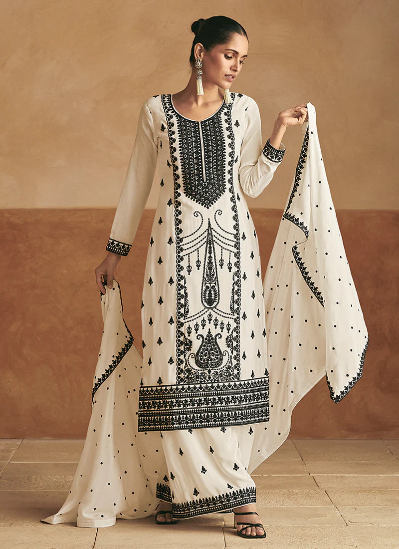 Stylish White Embroidered Palazzo Suit