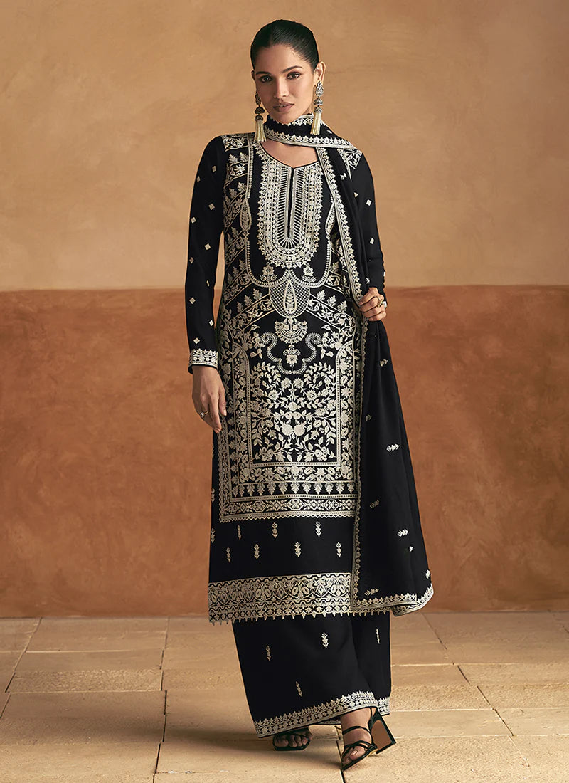 Stylish Black Embroidered Palazzo Suit