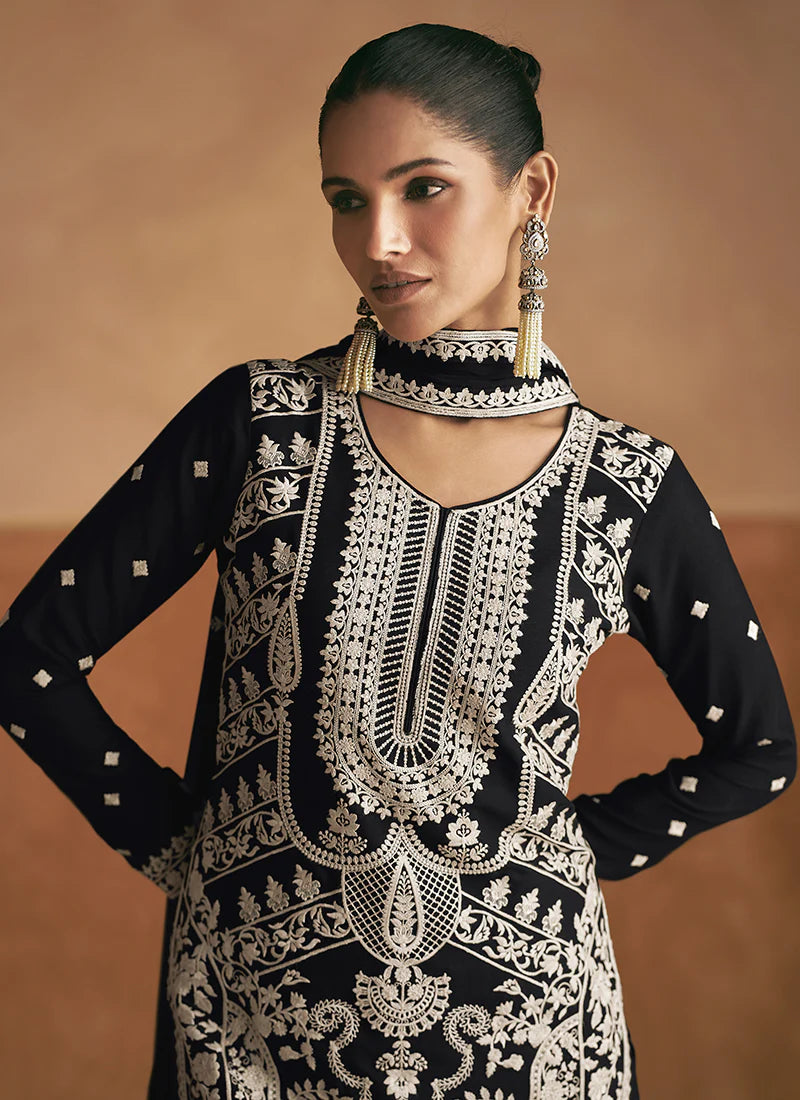 Stylish Black Embroidered Palazzo Suit