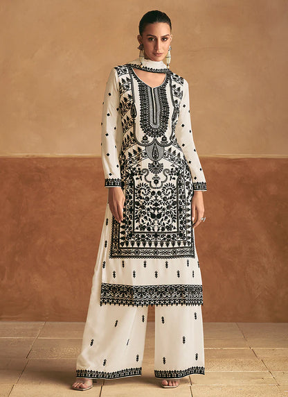 Stylish Off White Embroidered Palazzo Suit