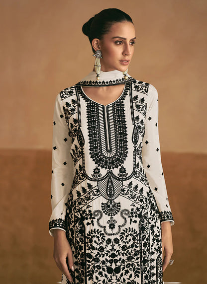 Stylish Off White Embroidered Palazzo Suit