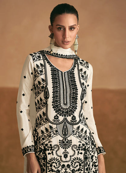 Stylish Off White Embroidered Palazzo Suit