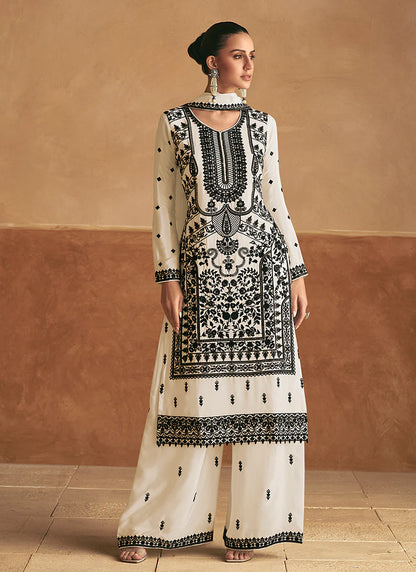 Stylish Off White Embroidered Palazzo Suit