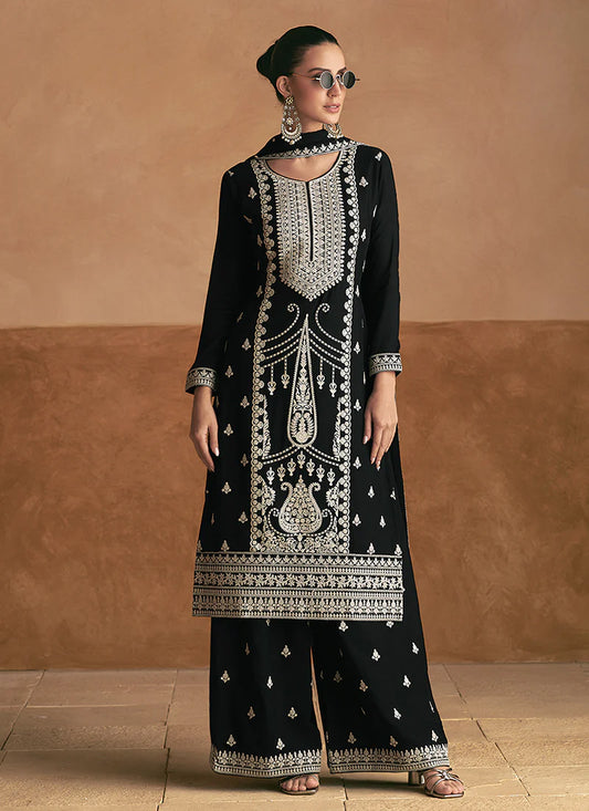 Stylish Black and White Embroidered Palazzo Suit