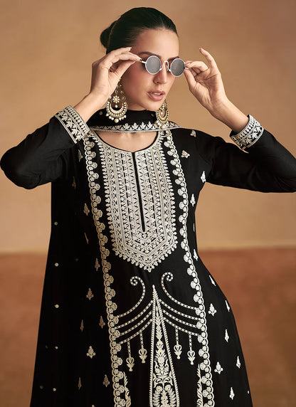 Stylish Black and White Embroidered Palazzo Suit