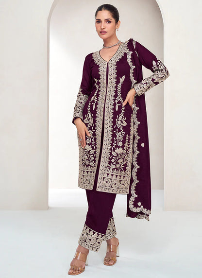 Stylish Maroon Silk Salwar Kameez with Embroidered Details