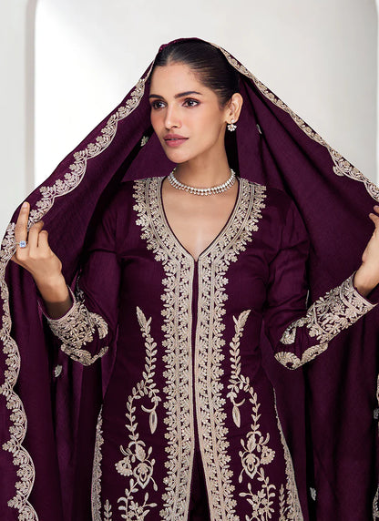 Stylish Maroon Silk Salwar Kameez with Embroidered Details