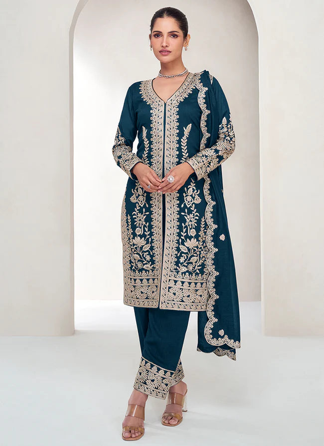 Stylish Turquoise Silk Salwar Kameez with Embroidered Details