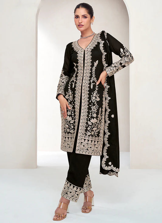 Stylish Black Silk Salwar Kameez with Embroidered Details