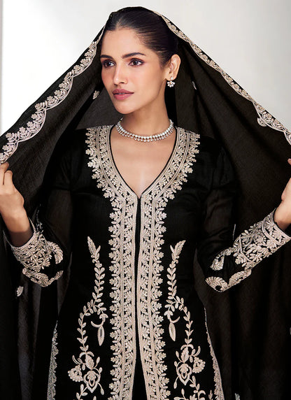 Stylish Black Silk Salwar Kameez with Embroidered Details