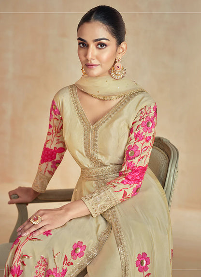 Beige Multi Embroidered Slit Anarkali Pant Suit for Festive Wear