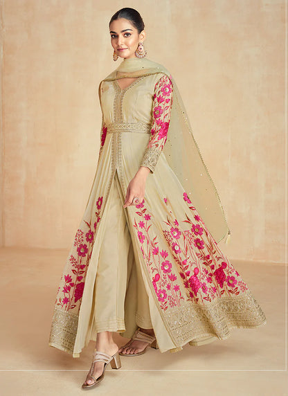 Beige Multi Embroidered Slit Anarkali Pant Suit for Festive Wear