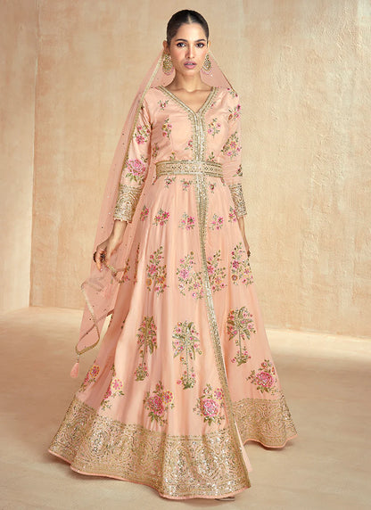 Peach Multi Embroidered Slit Anarkali Pant Suit for Festive Wear