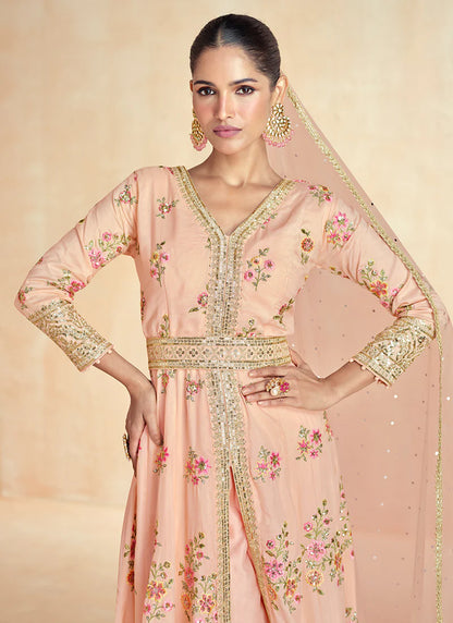 Peach Multi Embroidered Slit Anarkali Pant Suit for Festive Wear