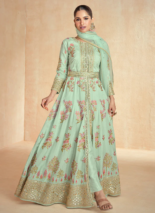 Mint Green Multi Embroidered Slit Anarkali Pant Suit for Festive Wear