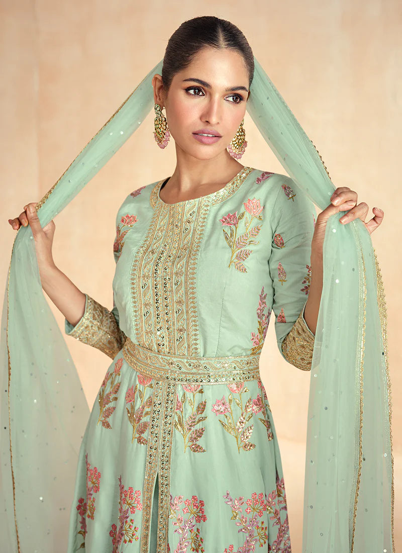 Mint Green Multi Embroidered Slit Anarkali Pant Suit for Festive Wear