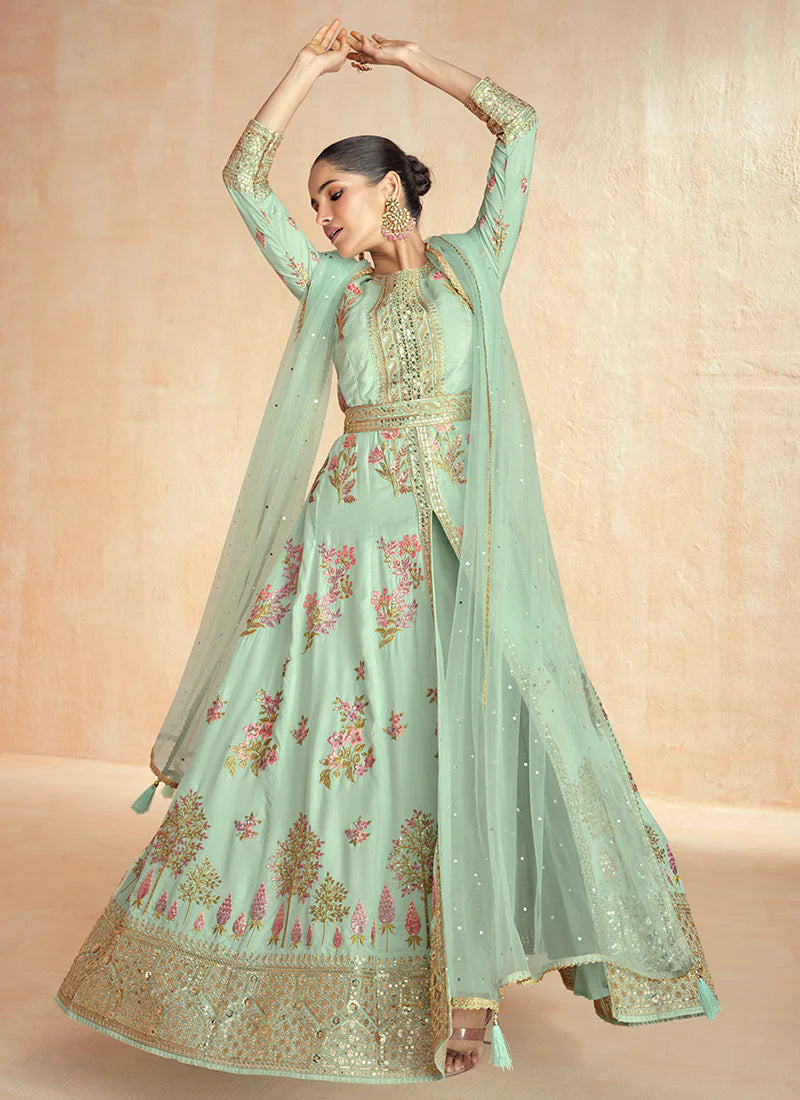 Mint Green Multi Embroidered Slit Anarkali Pant Suit for Festive Wear