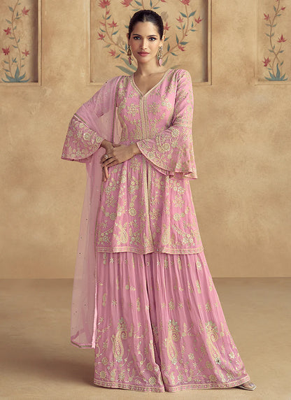 Elegant Soft Pink Embroidered Peplum Sharara Suit