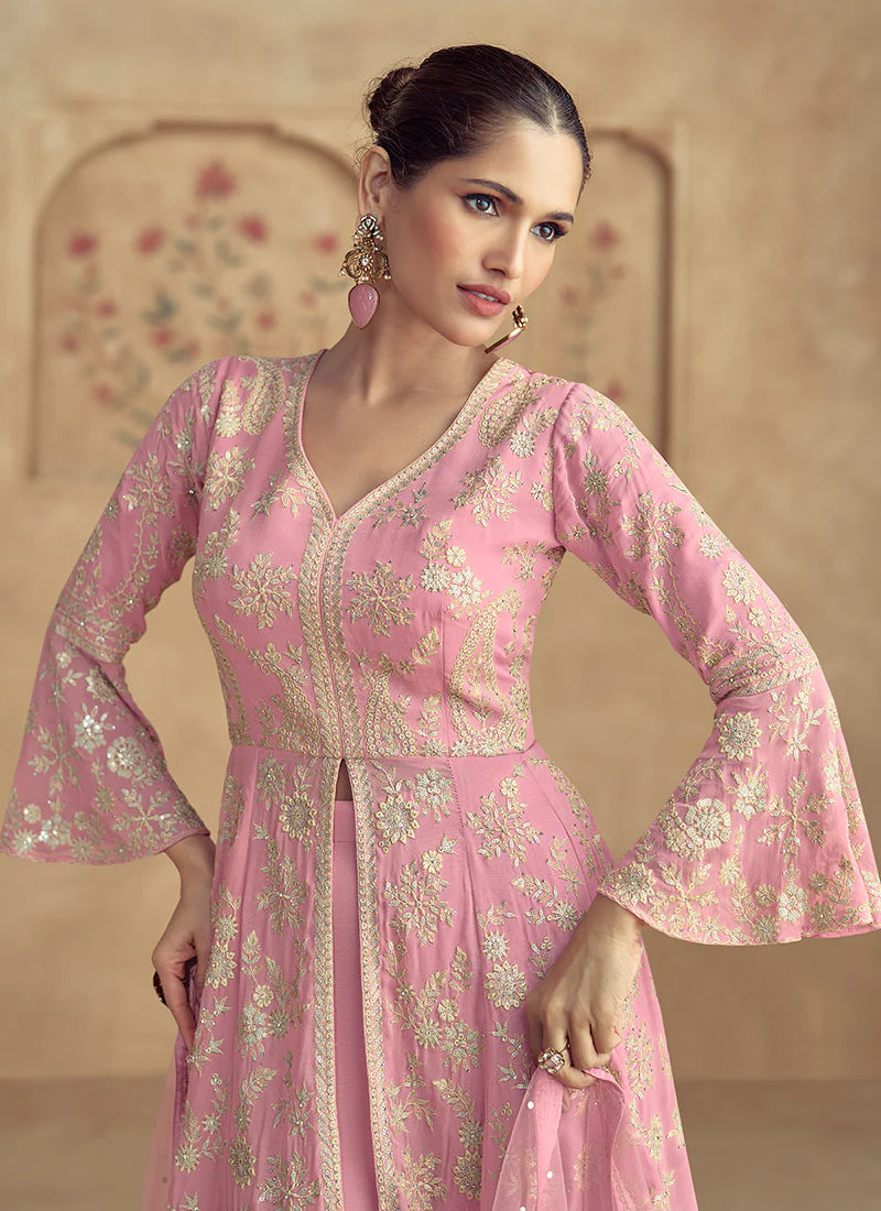 Elegant Soft Pink Embroidered Peplum Sharara Suit