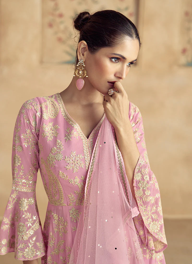 Elegant Soft Pink Embroidered Peplum Sharara Suit