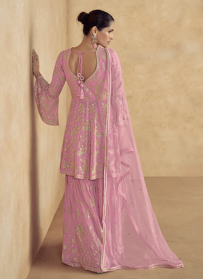 Elegant Soft Pink Embroidered Peplum Sharara Suit