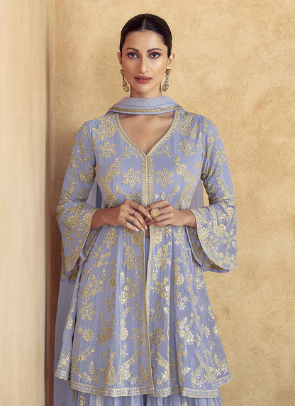 Elegant Lilac Purple Embroidered Peplum Sharara Suit