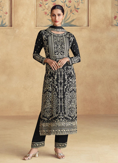 Festive Midnight Black Embroidered Pant Suit with Intricate Thread Work