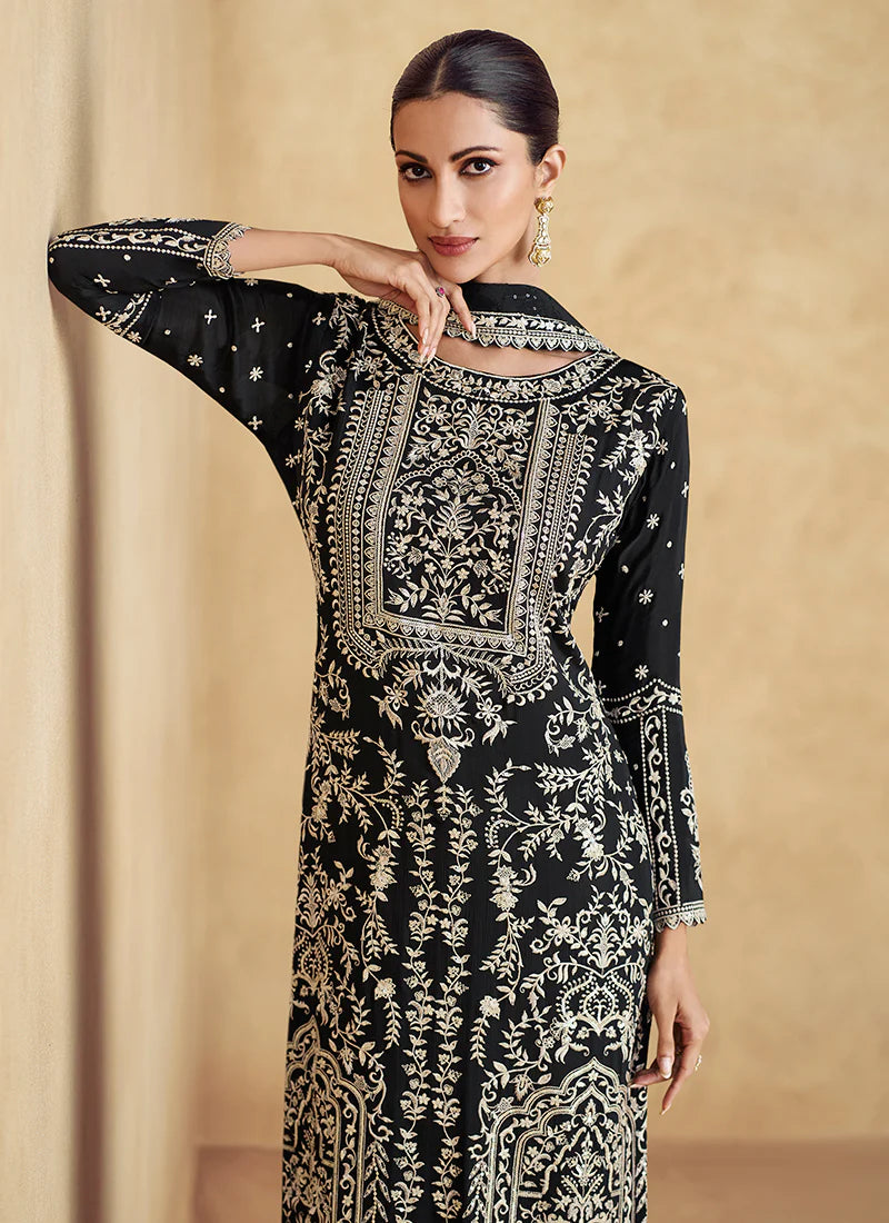 Festive Midnight Black Embroidered Pant Suit with Intricate Thread Work