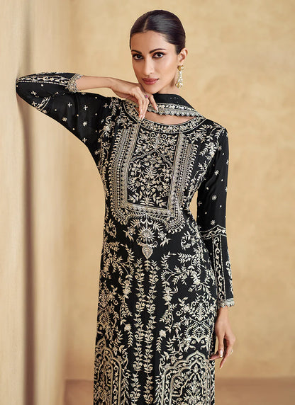 Festive Midnight Black Embroidered Pant Suit with Intricate Thread Work