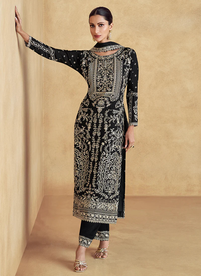 Festive Midnight Black Embroidered Pant Suit with Intricate Thread Work