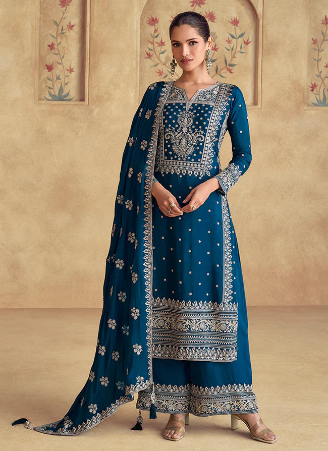 Festive Midnight Royal Blue Embroidered Pant Suit with Intricate Thread Work