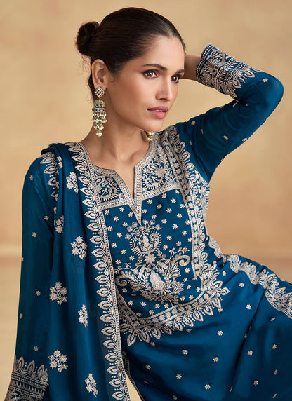 Festive Midnight Royal Blue Embroidered Pant Suit with Intricate Thread Work