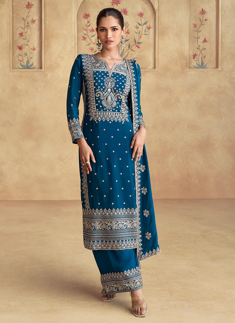 Festive Midnight Royal Blue Embroidered Pant Suit with Intricate Thread Work