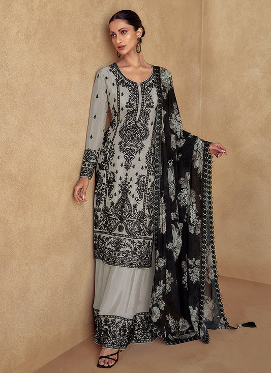 Elegant deep grey Embroidery Palazzo Suit – Perfect for Parties & Weddings