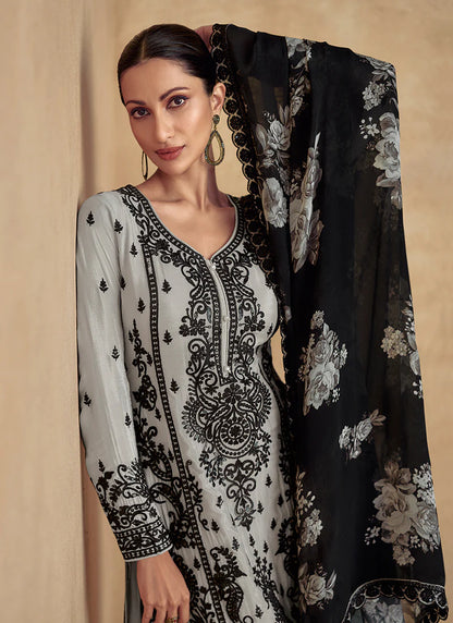 Elegant deep grey Embroidery Palazzo Suit – Perfect for Parties & Weddings